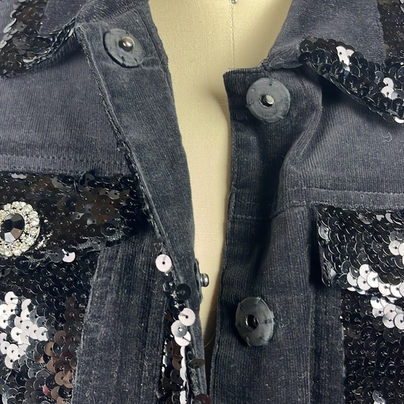 berek | black denim sequin jean jacket with knitted back petite size: MP - Picture 8 of 14